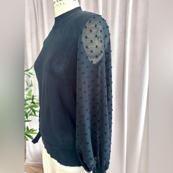 CeCe Black Mockneck Sweater with Sheer Dotted Sleeves - Picture 6 of 9